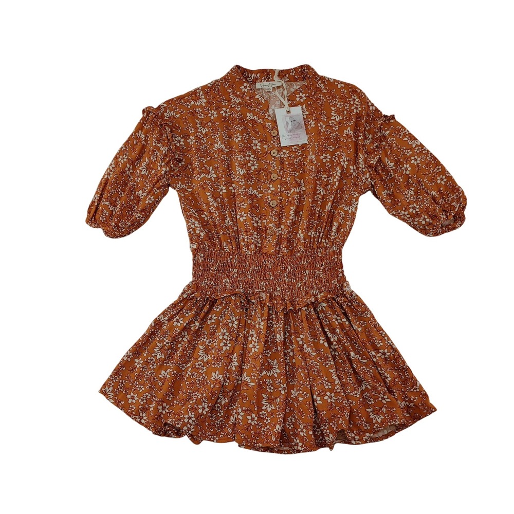 Jessica Simpson Girls Dress L(10) Brown Rayon Floral Smocked Waist NEW